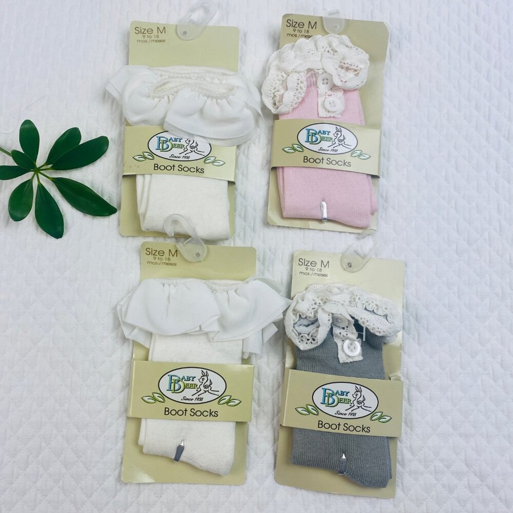 NWT Baby Deer Ivory Pink Gray Boot Socks Lace Buttons Bundle of 3 Medium